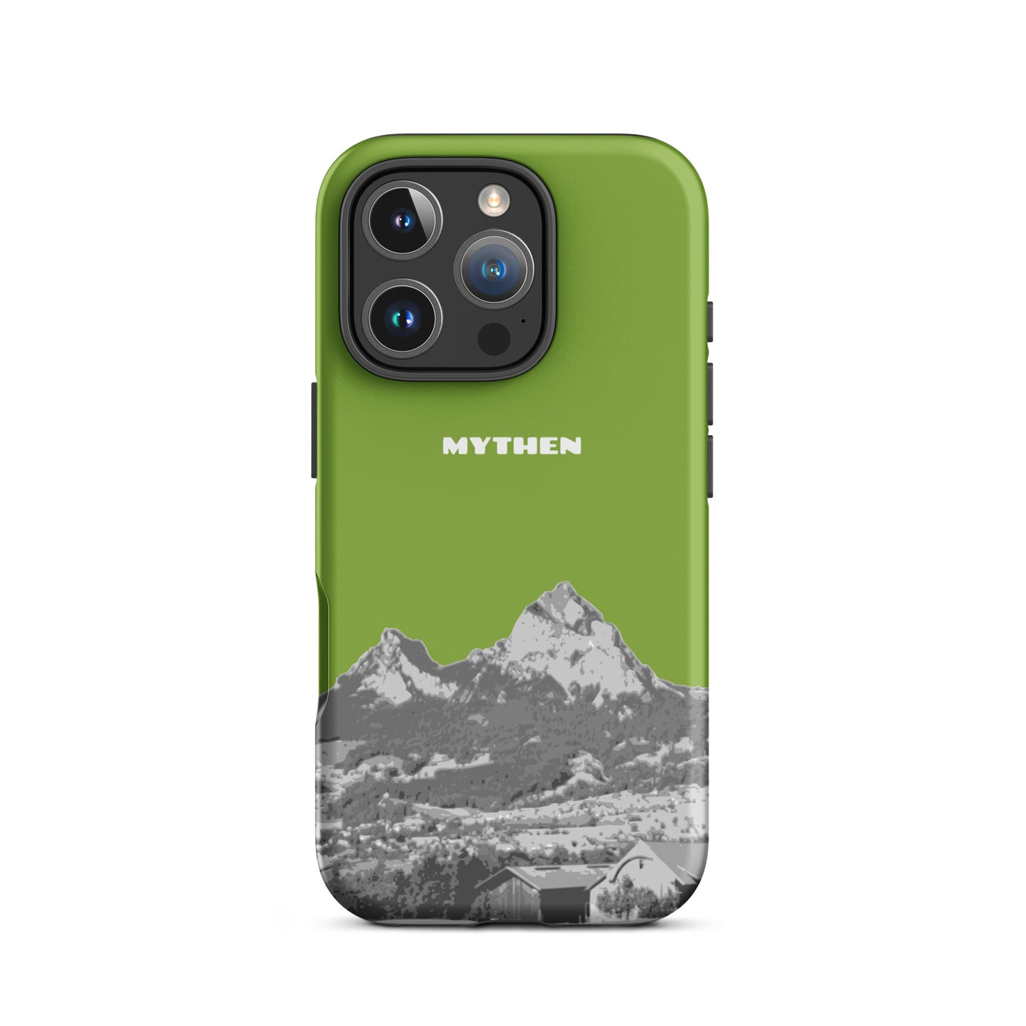 Gelbgrüne iPhone Hülle mit Mythen-Motiv, matt, für iPhone 16 Pro, Vorderansicht.