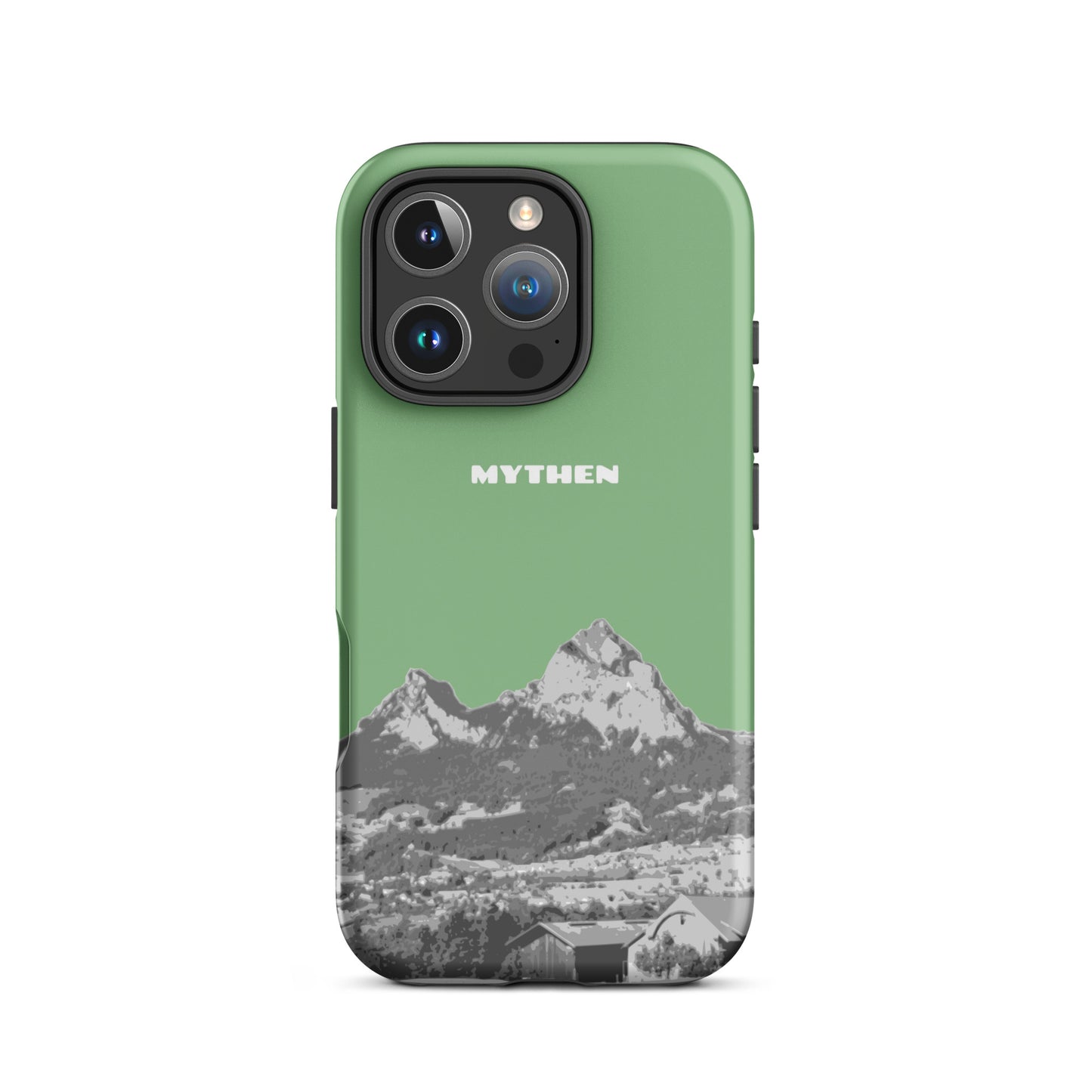 Matte iPhone-Hülle in Hellgrün mit Mythen-Motiv für iPhone 16 Pro, Vorderansicht.