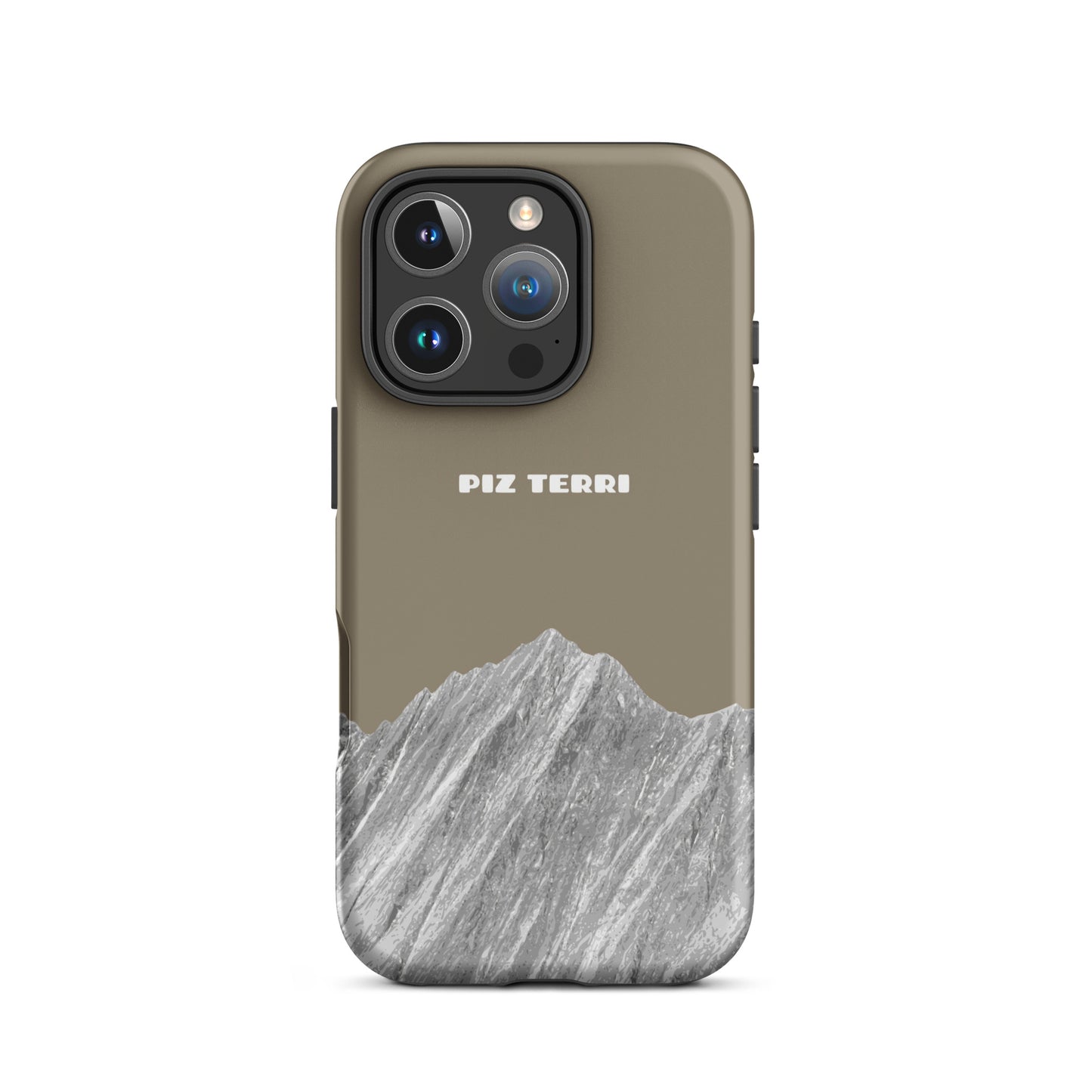 Graubraune iPhone Hülle mit Piz Terri Motiv, matt, für iPhone 16 Pro, Vorderansicht