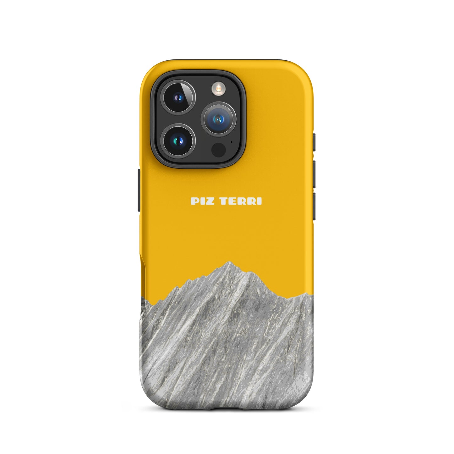 Goldgelbe iPhone-Hülle Piz Terri mit mattem Finish und präzisen Ausschnitten für Kamera und Anschlüsse.
