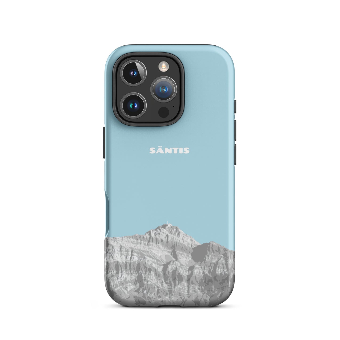 iPhone Handyhülle in Hellblau mit Säntis Motiv, mattierte Oberfläche, Frontansicht