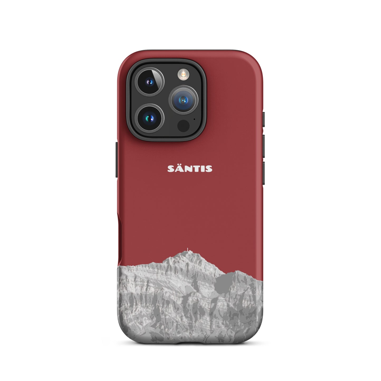 Matte rote iPhone 16 Pro Handyhülle mit Säntis-Print in der Frontansicht.
