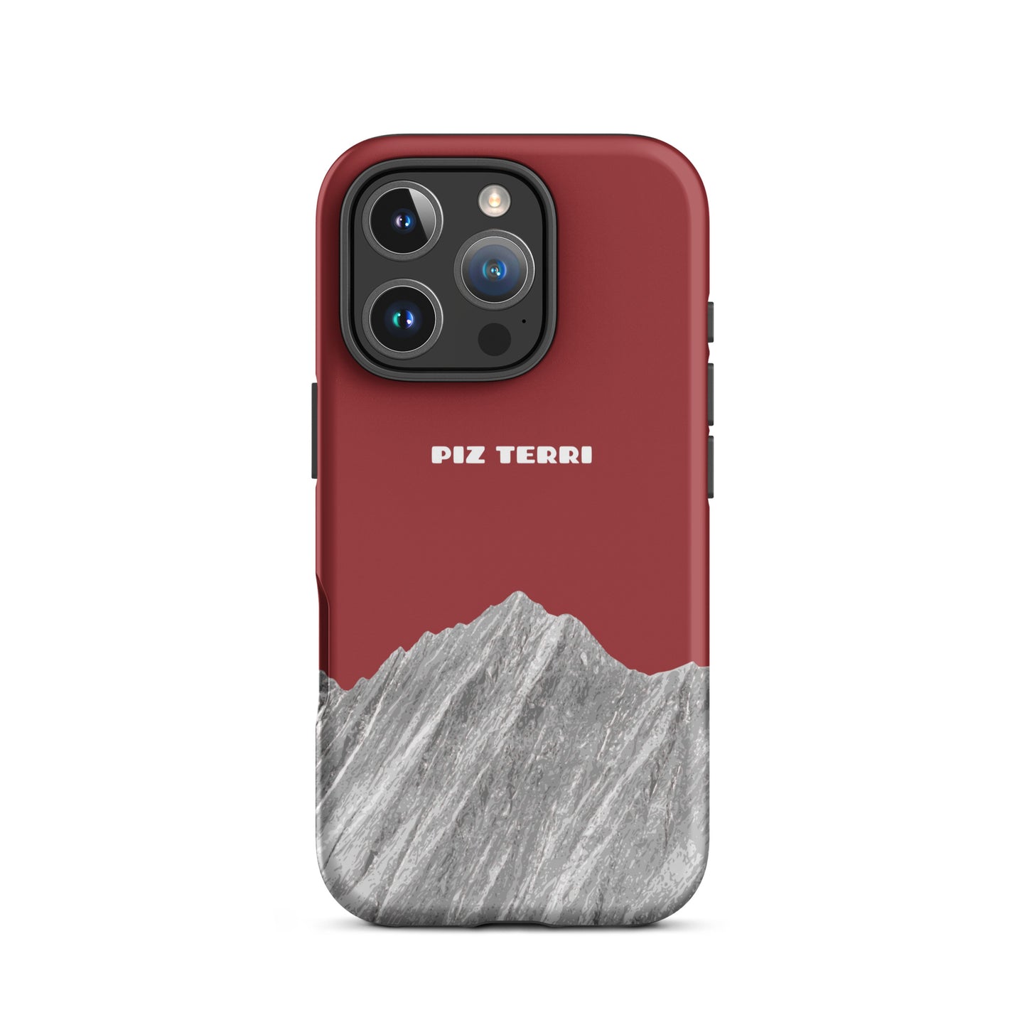 Matte iPhone 15 Pro Handyhülle in Rot mit Piz Terri Motiv und Vallada Logo.
