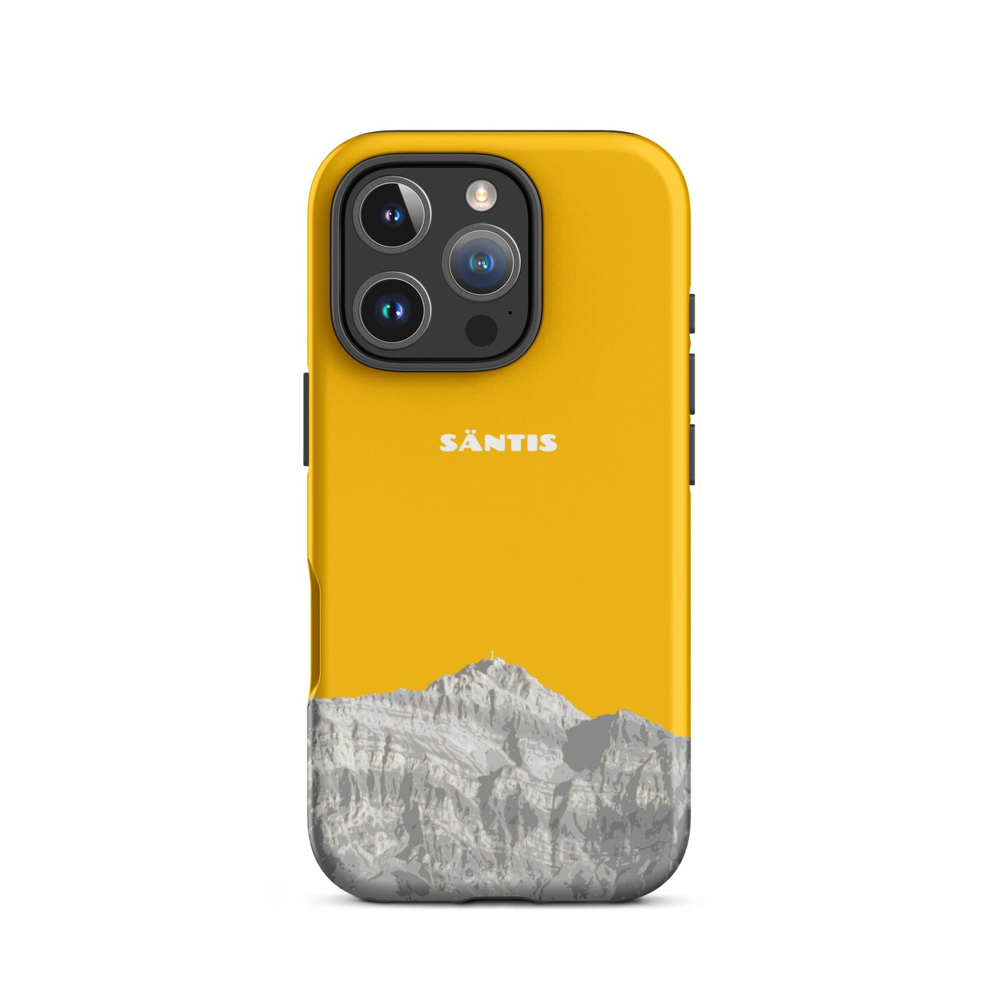 Goldgelbe iPhone-Hülle mit mattem Finish, Säntis-Design, robuste Schutzhülle für iPhone 16 Pro.