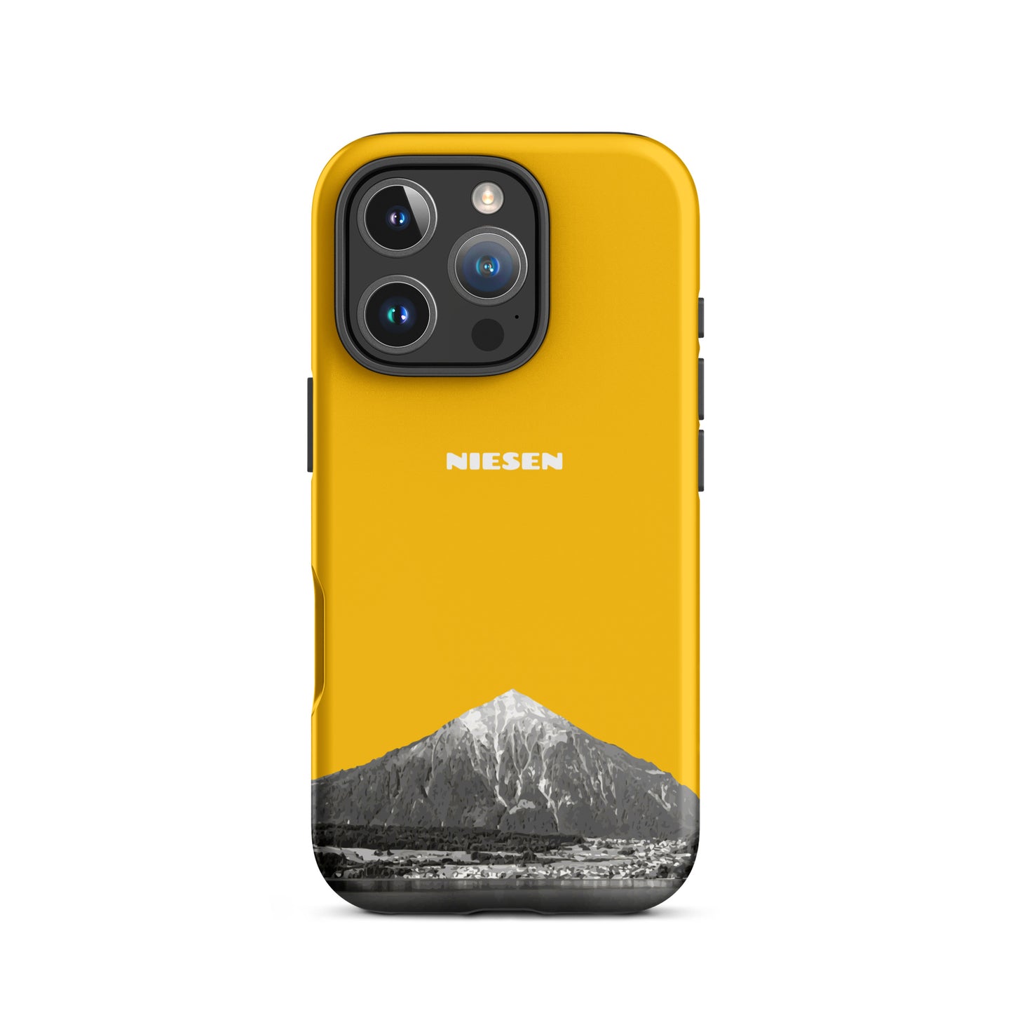Goldgelbe iPhone 16 Pro Handyhülle mit Niesen-Motiv, matte Oberfläche, stoßfest.