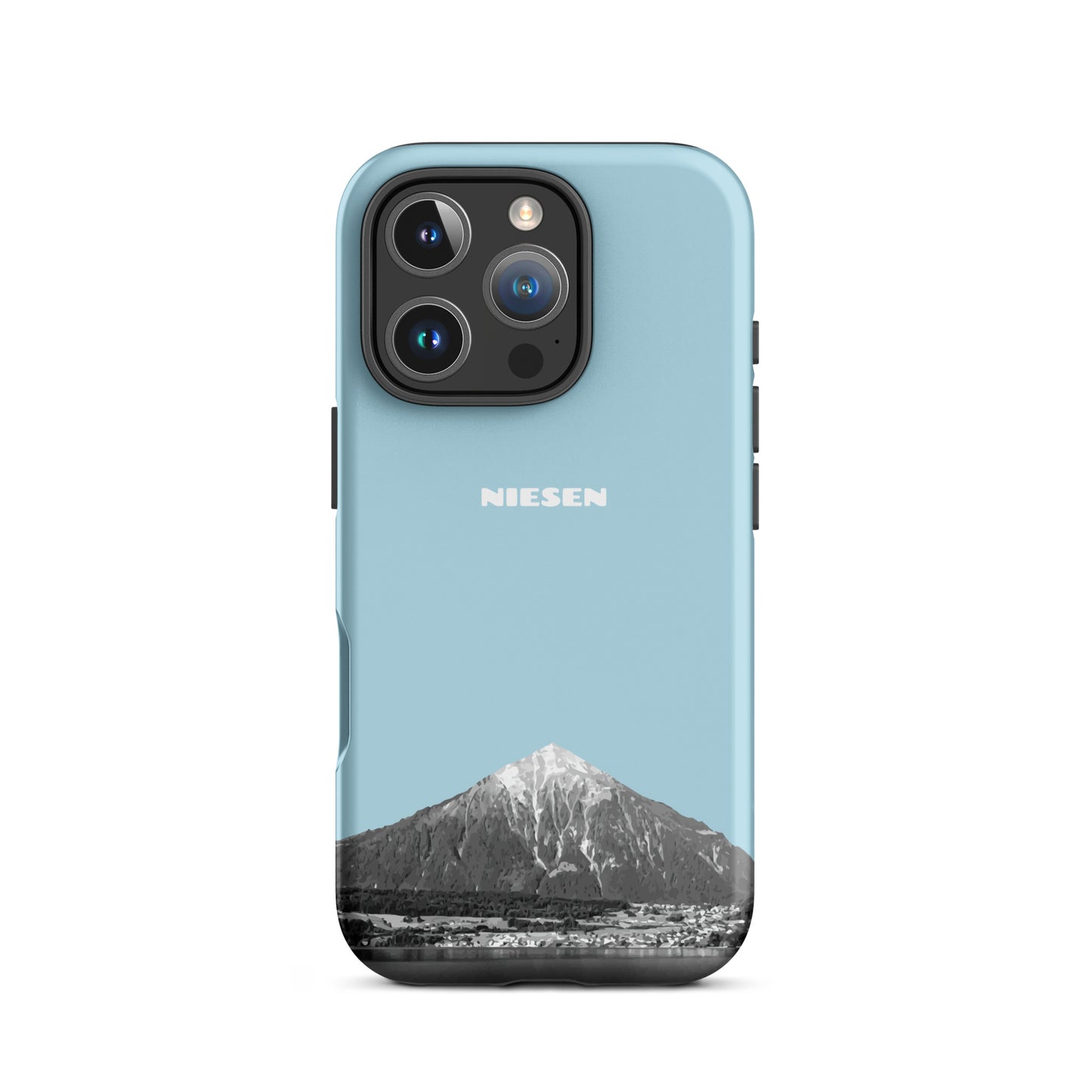 Matte Handyhülle für iPhone 16 Pro in Hellblau mit Niesen-Motiv aus dem Berner Oberland.