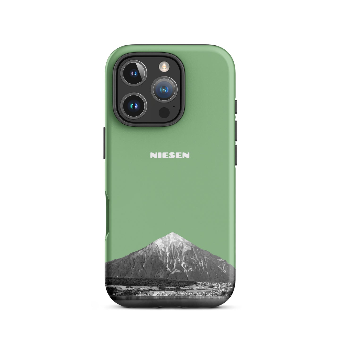 Matte Handyhülle für iPhone 16 Pro in Hellgrün mit Niesen-Motiv aus dem Berner Oberland.