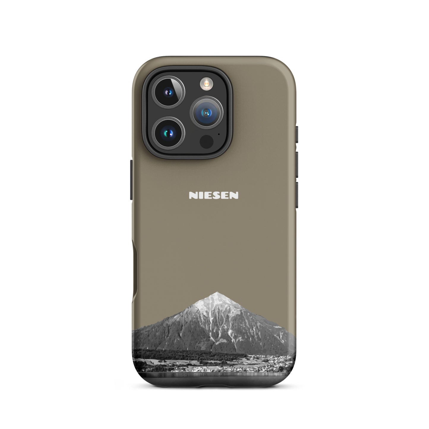 Graubraune iPhone 16 Pro Handyhülle mit Niesen-Motiv, Thunersee, Berner Oberland, matt, robust