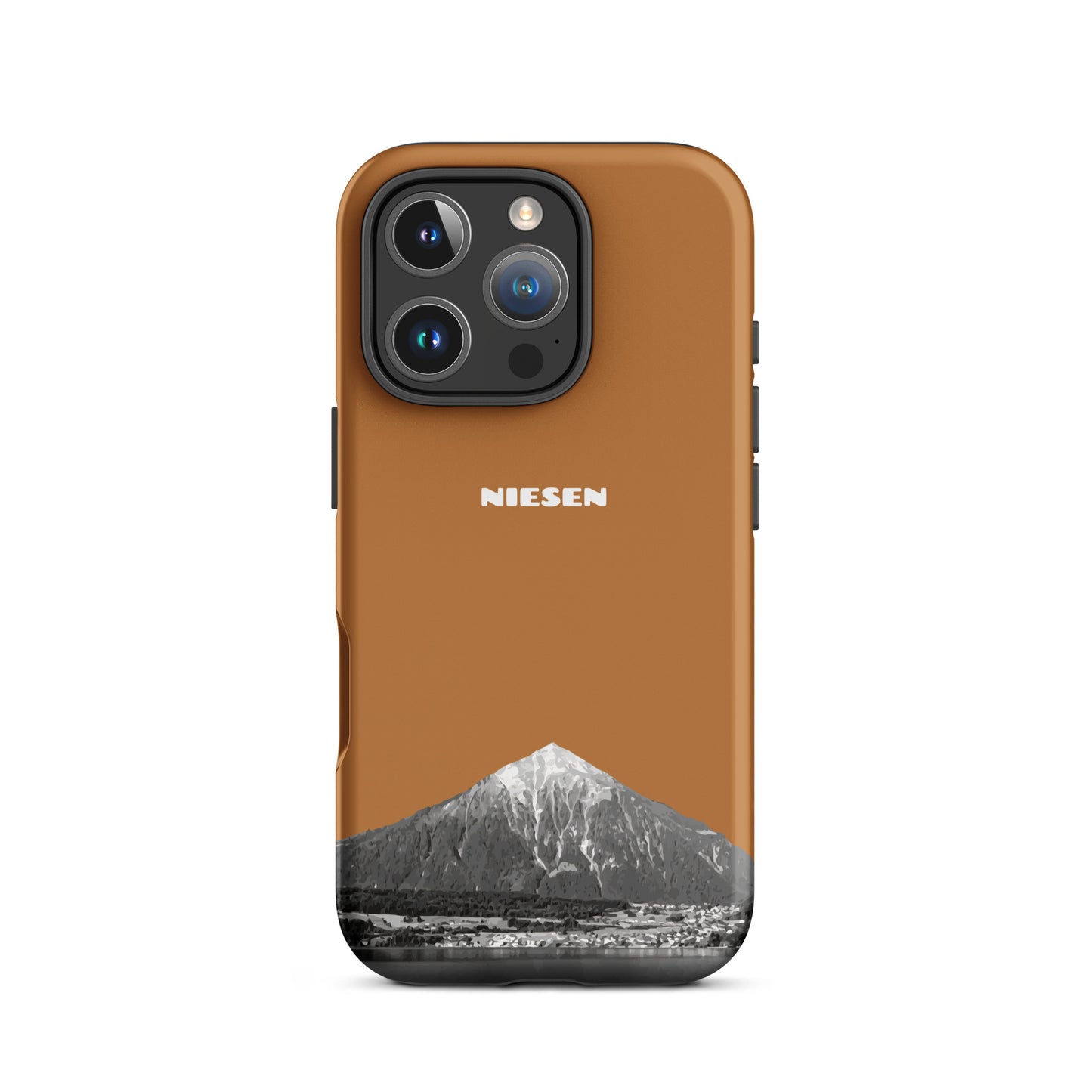 Kupferfarbene Handyhülle für iPhone 16 Pro mit mattem Finish und Niesen-Motiv aus dem Berner Oberland.