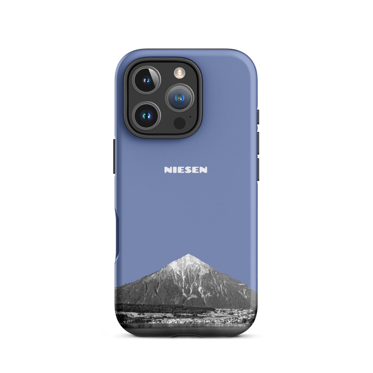 Pastellblaue iPhone 16 Pro Handyhülle mit mattem Finish und Niesen-Motiv aus dem Berner Oberland.