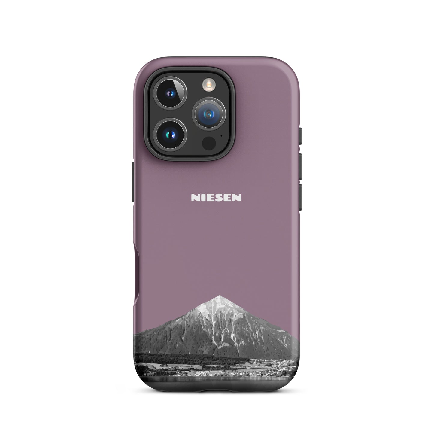 Matte Handyhülle für iPhone 16 Pro in Pastellviolett mit Niesen-Motiv und robustem Schutz.