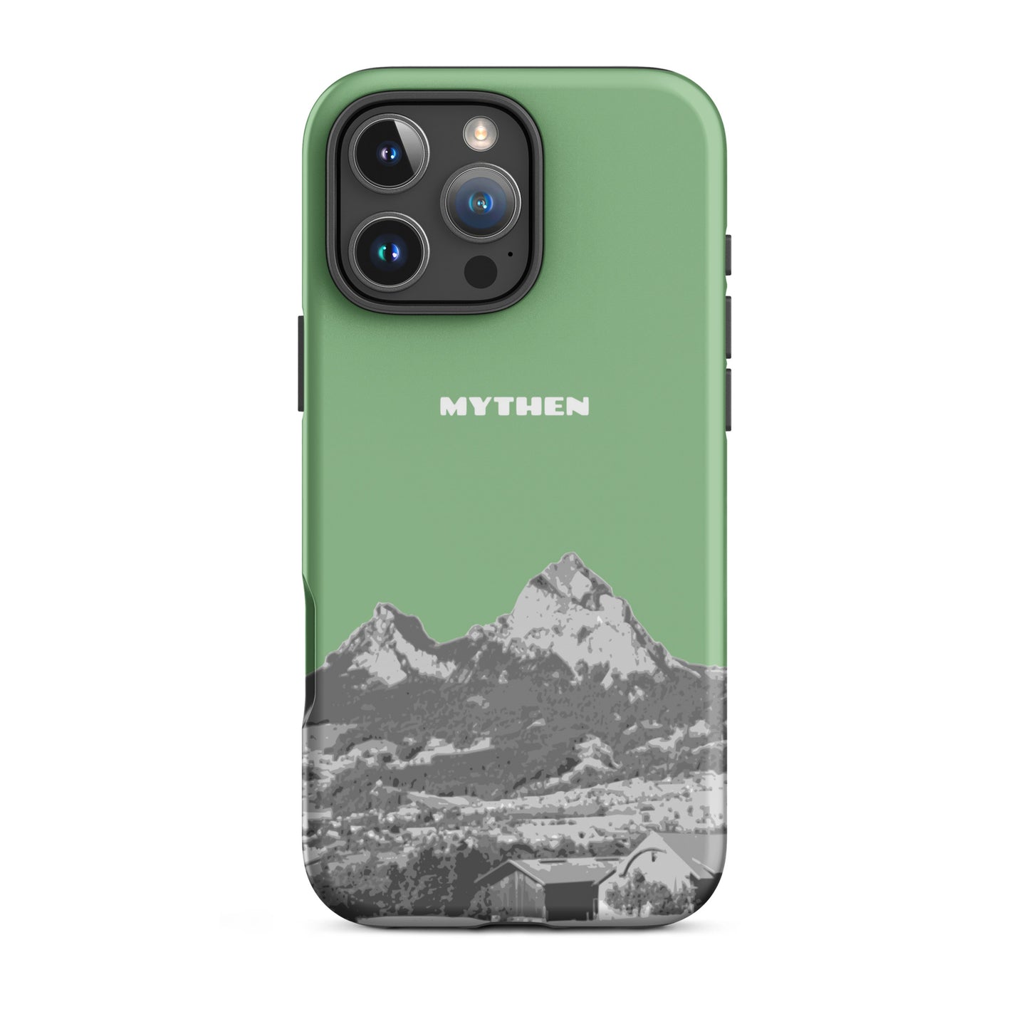 Matte Handyhülle für iPhone in Hellgrün mit Mythen-Motiv, Vorderansicht.