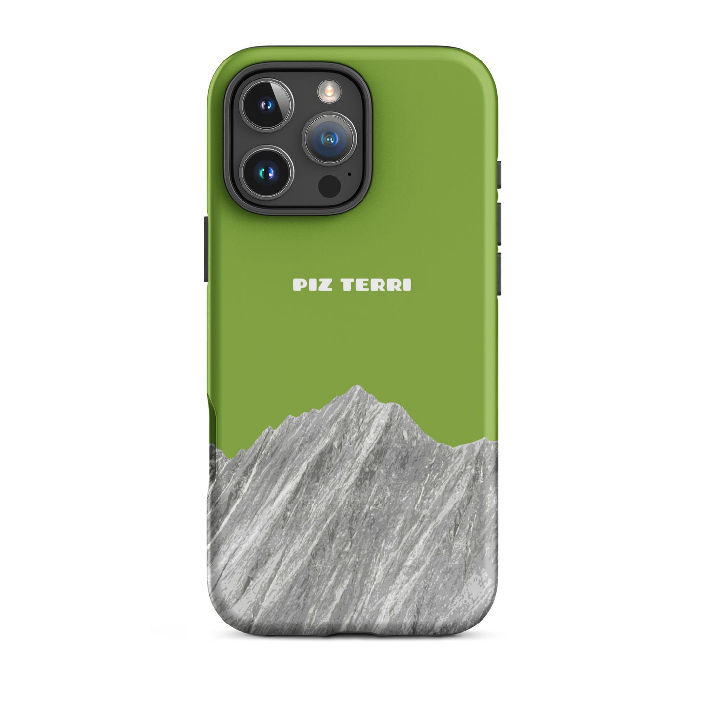 Gelbgrüne iPhone Hülle mit Piz Terri Motiv, robuste Handyhülle für iPhone 16 Pro Max.
