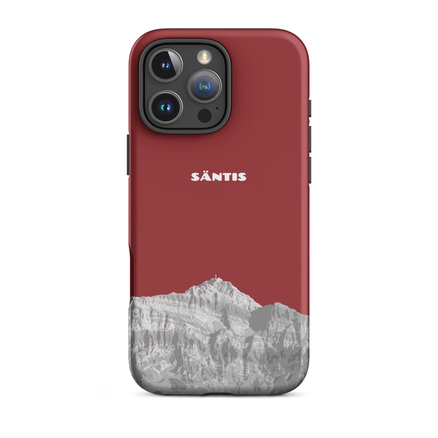Robuste iPhone-Hülle in Rot mit mattem Finish, Säntis-Design, für iPhone 16 Pro Max, Vorderansicht.