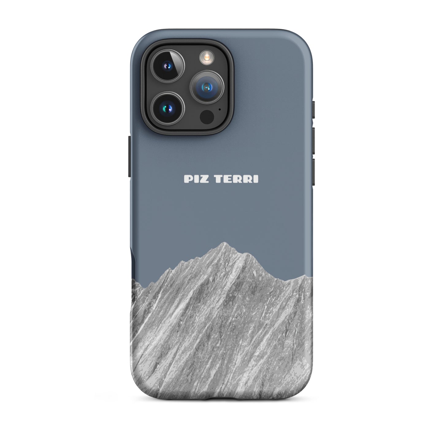 Schiefergraue iPhone Hülle mit Piz Terri Motiv, matt, für iPhone 16 Pro Max, Vorderansicht.