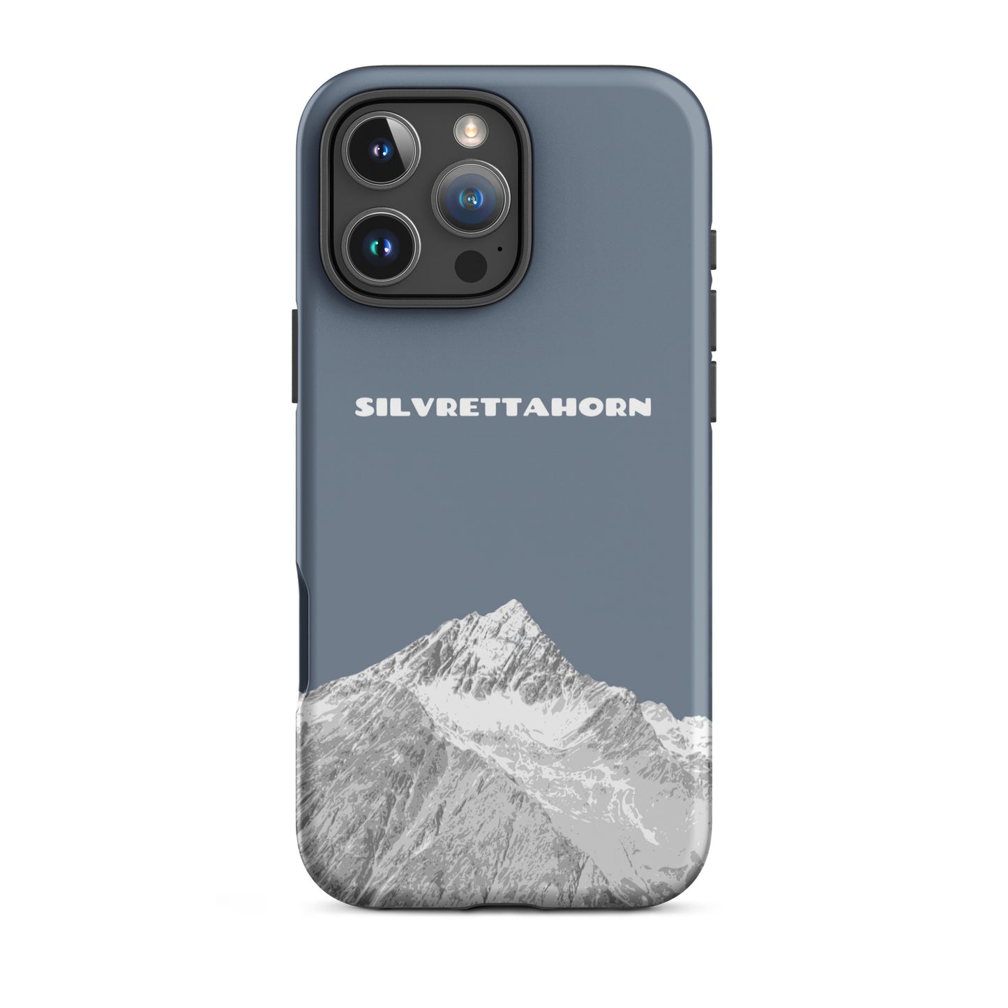 Schiefergraue iPhone Hülle mit Silvrettahorn Motiv aus mattem Material für iPhone 16 Pro Max.