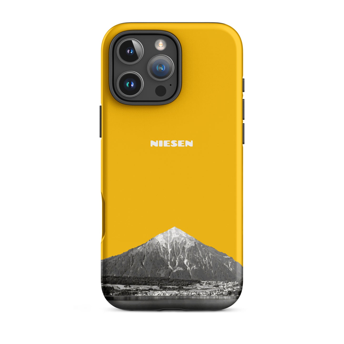 Goldgelbe iPhone 16 Pro Max Handyhülle mit matte Oberfläche und Niesen-Motiv aus dem Berner Oberland.