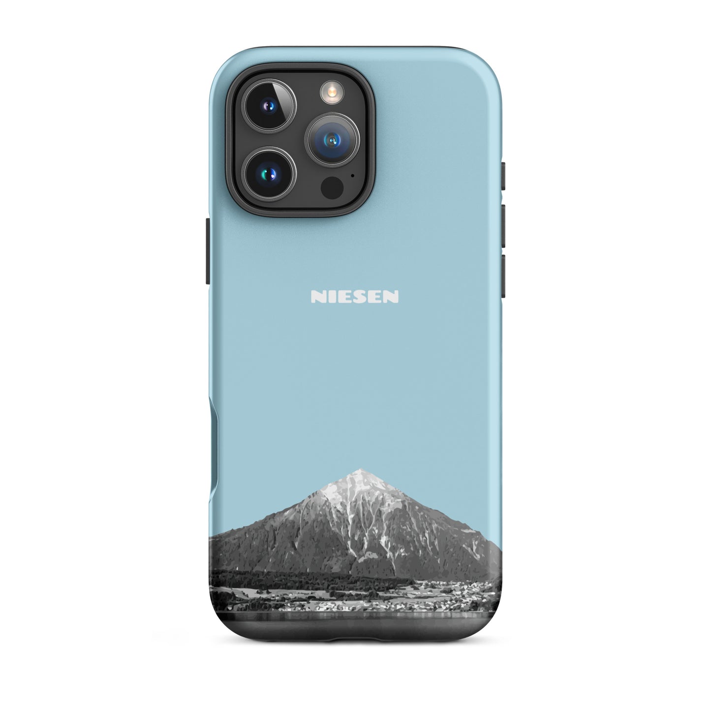 Matte Handyhülle für iPhone 16 Pro Max in Hellblau mit Niesen-Motiv, Thunersee, Berner Oberland