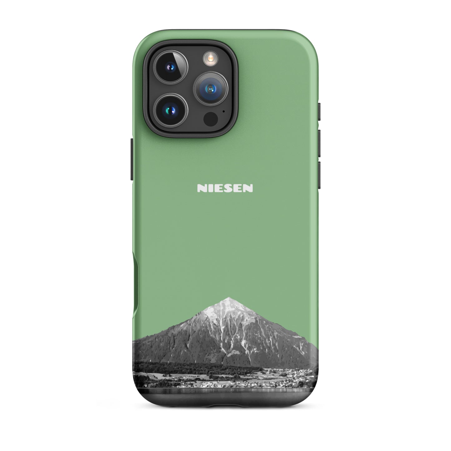 Matte Handyhülle in Hellgrün für iPhone 16 Pro Max mit Niesen-Motiv aus dem Berner Oberland.
