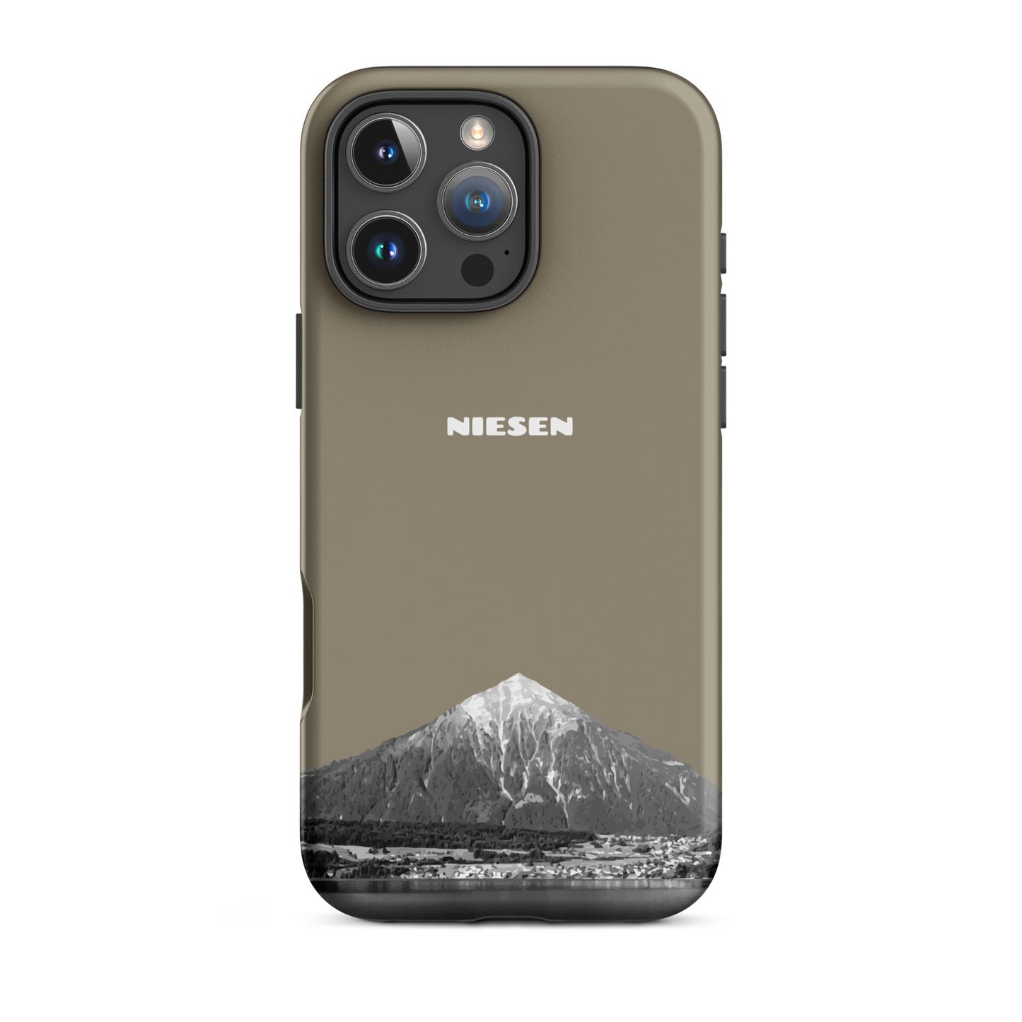 Graubraune, matte iPhone 16 Pro Max Handyhülle mit Niesen-Design am Thunersee im Berner Oberland.