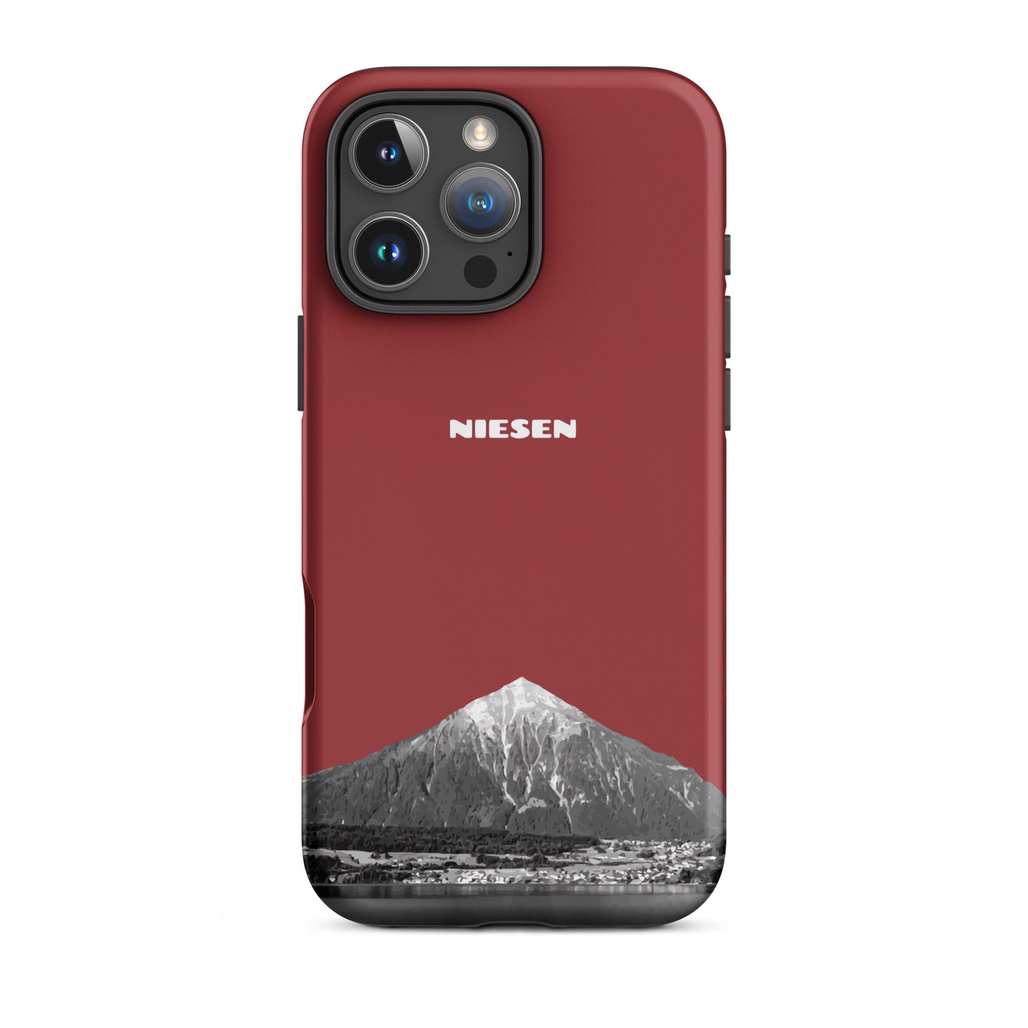 Rote iPhone 16 Pro Max Handyhülle mit Niesen-Motiv aus dem Berner Oberland in mattem Finish.