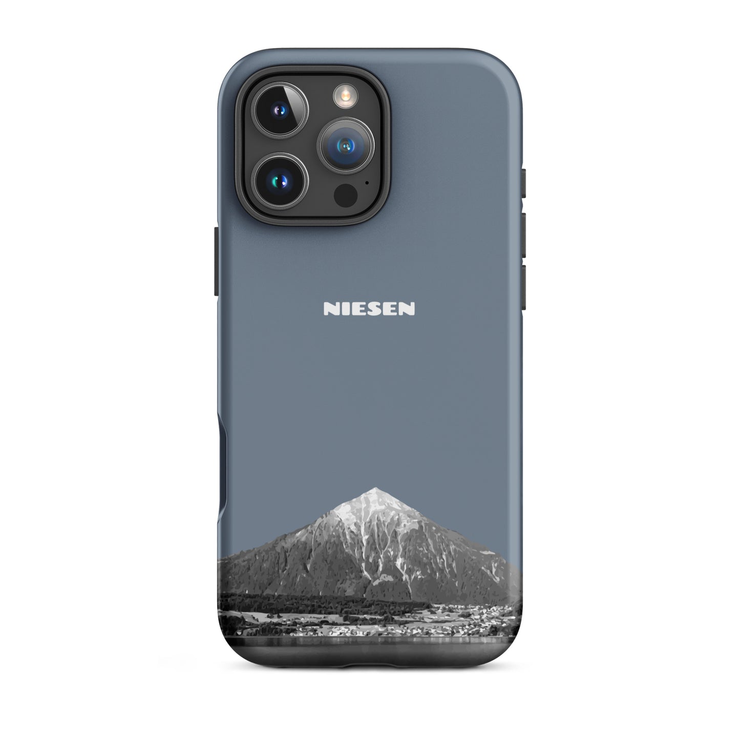 Stoßfeste iPhone 16 Pro Max Hülle in Schiefergrau mit mattem Finish und Niesen-Motiv.