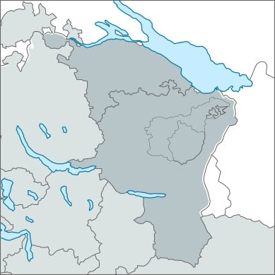 Kartenausschnitt mit der Ostschweiz. Folgende Kantone sind hervorgehoben: St. Gallen, Thurgau, Appenzell-Innerrhoden und Appenzell-Ausserrhoden.