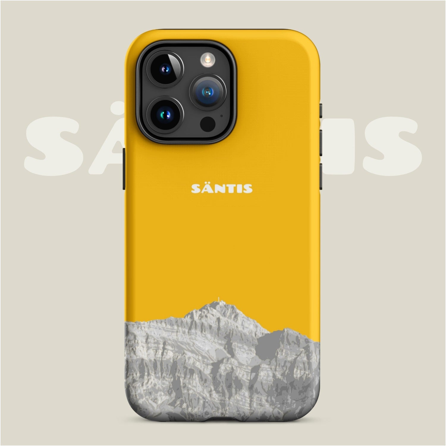 iPhone mit gelber Handyhülle mit Säntis