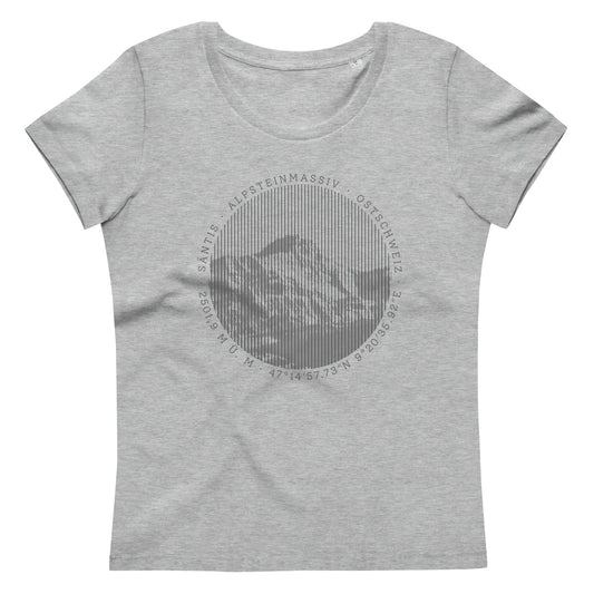 Das grau melierte, figur betont geschnittene T-Shirt ist mit dem Säntis-Gipfel bedruckt.
