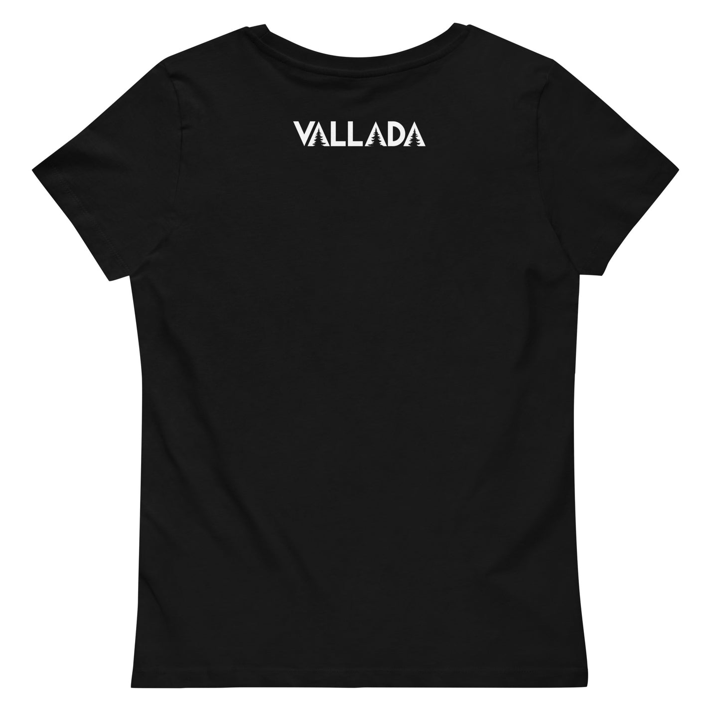 Die Rückenansicht eines schwarzen T-Shirts mit figurbetontem Schnitt aus der Säntis-Collection von Vallada. Wir sehen im oberen Bereich das Logo der Marke Vallada.