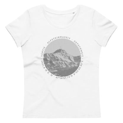 Dieses Bodycon T-Shirt in Weiss zeigt auf seiner Vorderseite den Säntis-Gipfel im Alpsteingebirge.