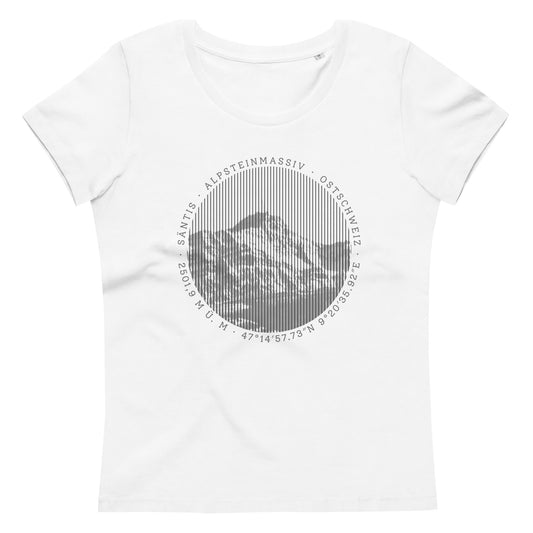 Dieses Bodycon T-Shirt in Weiss zeigt auf seiner Vorderseite den Säntis-Gipfel im Alpsteingebirge.
