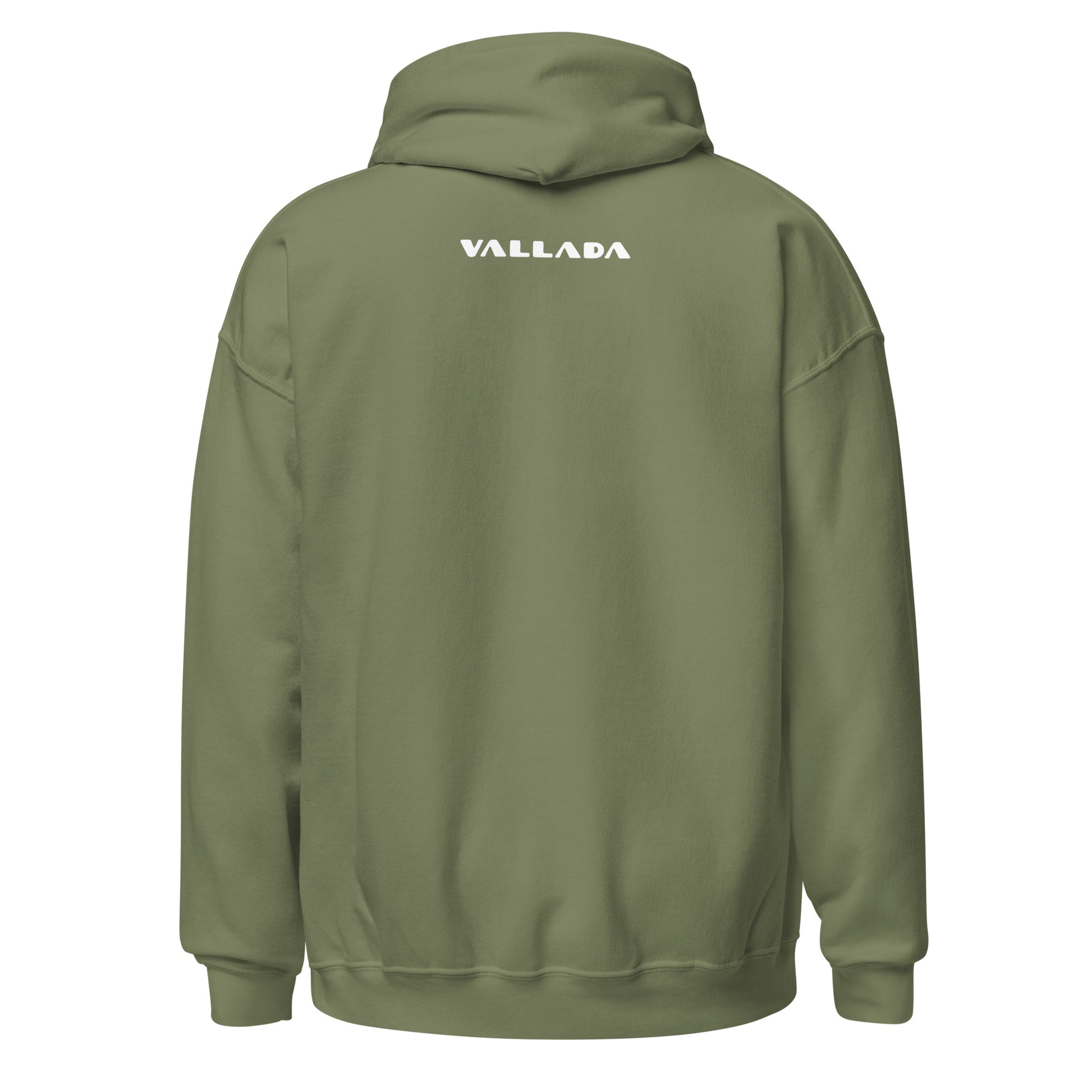 Rückansicht eines olivgrünen Damen-Hoodies mit Vallada-Logo, Baumwollmaterial, Kapuze und Kängurutasche.