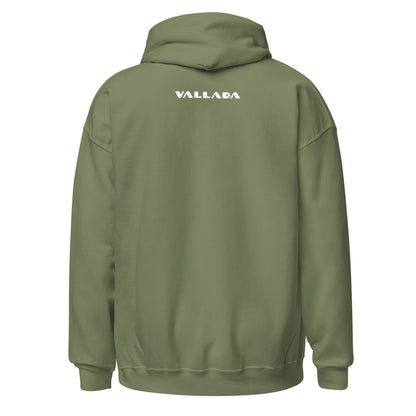 Rückansicht eines olivgrünen Damen-Hoodies mit Vallada-Logo, Baumwollmaterial, Kapuze und Kängurutasche.