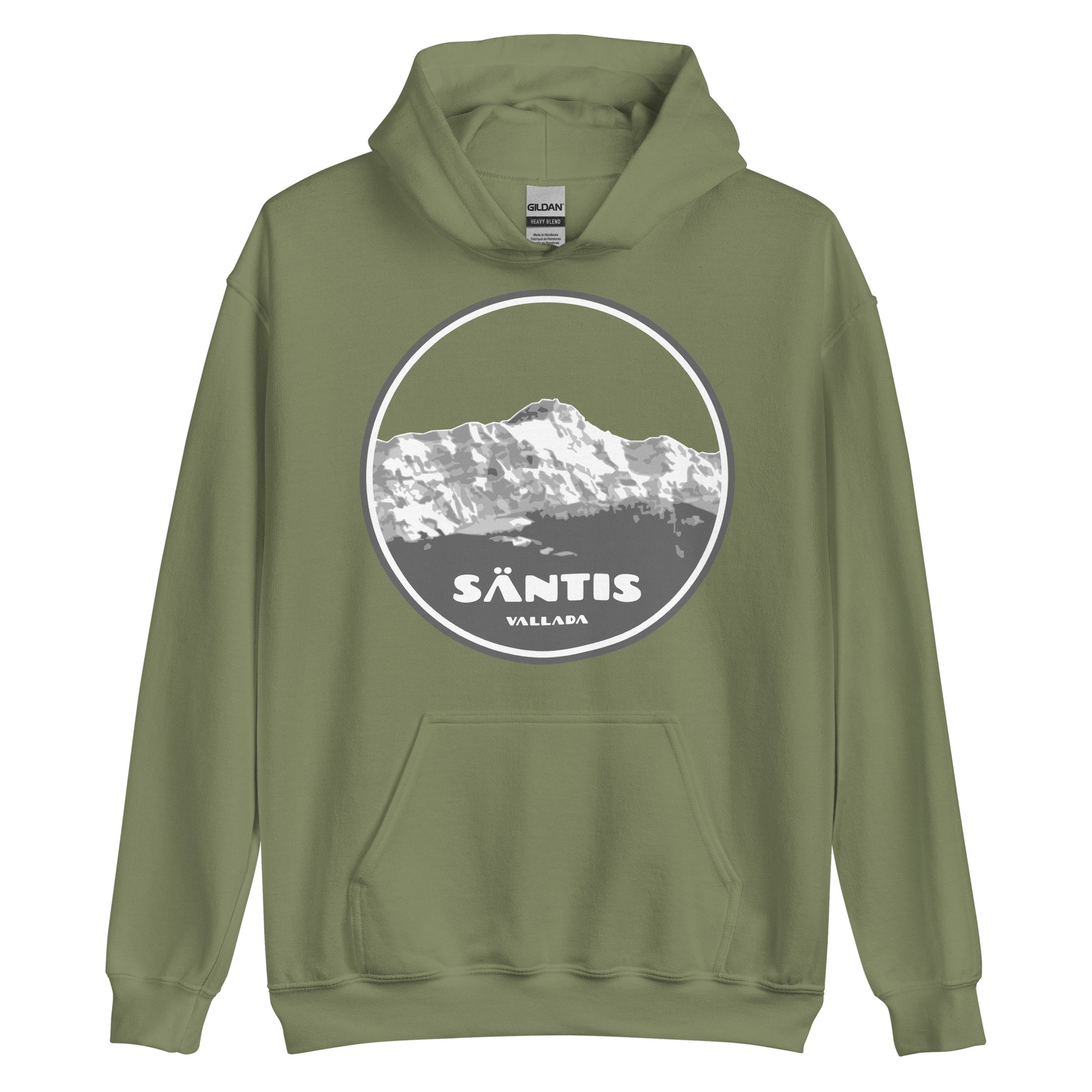 Damen Hoodie Säntis II in olivgrün mit Säntis-Aufdruck, aus Baumwolle, mit Kapuze und Kängurutasche