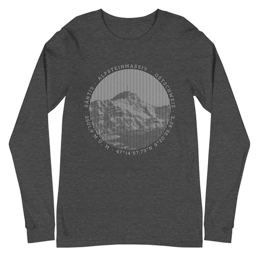 Langarm-T-Shirt in meliertem Dunkelgrau mit Säntis-Print. Der Säntis ist ein markanter Berg in der Ostschweiz und mit seinem imposanten Panorama ein begehrtes Ausflugsziel.