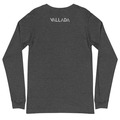 Wir sehen hier die Rückseite des dunkelgrau melierten Langarm-T-Shirt von Vallada.