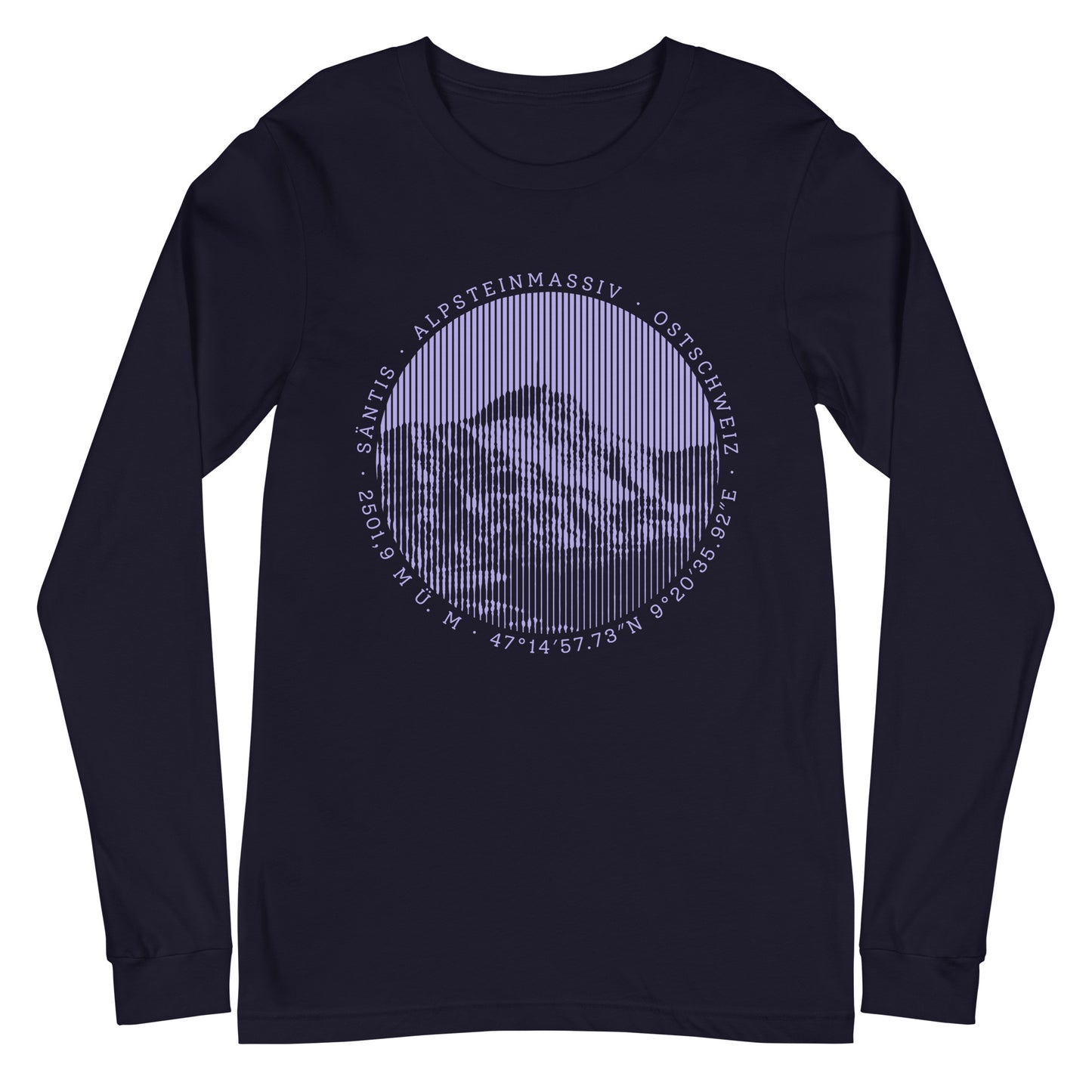 T-Shirt mit langen Ärmeln in der Farbe Navyblau. Der Print zeigt den Säntis, einen legendären Berggipfel in den Appenzeller Alpen in der Ostschweiz.