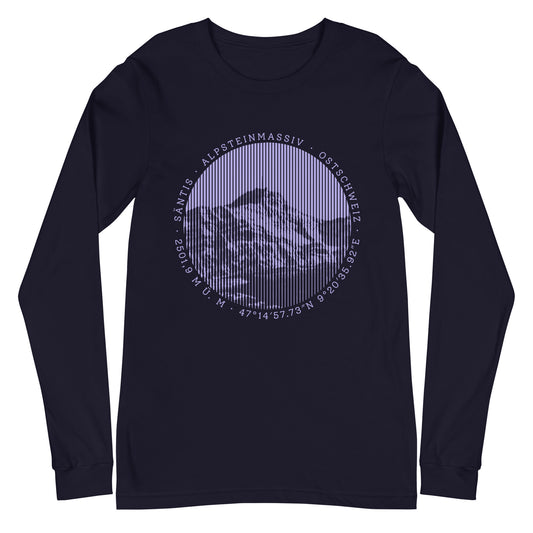 T-Shirt mit langen Ärmeln in der Farbe Navyblau. Der Print zeigt den Säntis, einen legendären Berggipfel in den Appenzeller Alpen in der Ostschweiz.