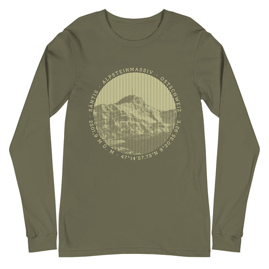 T-Shirt mit langen Ärmeln in der Farbe Olivgrün. Der Print zeigt den Säntis, einen legendären Berggipfel in den Appenzeller Alpen in der Ostschweiz.