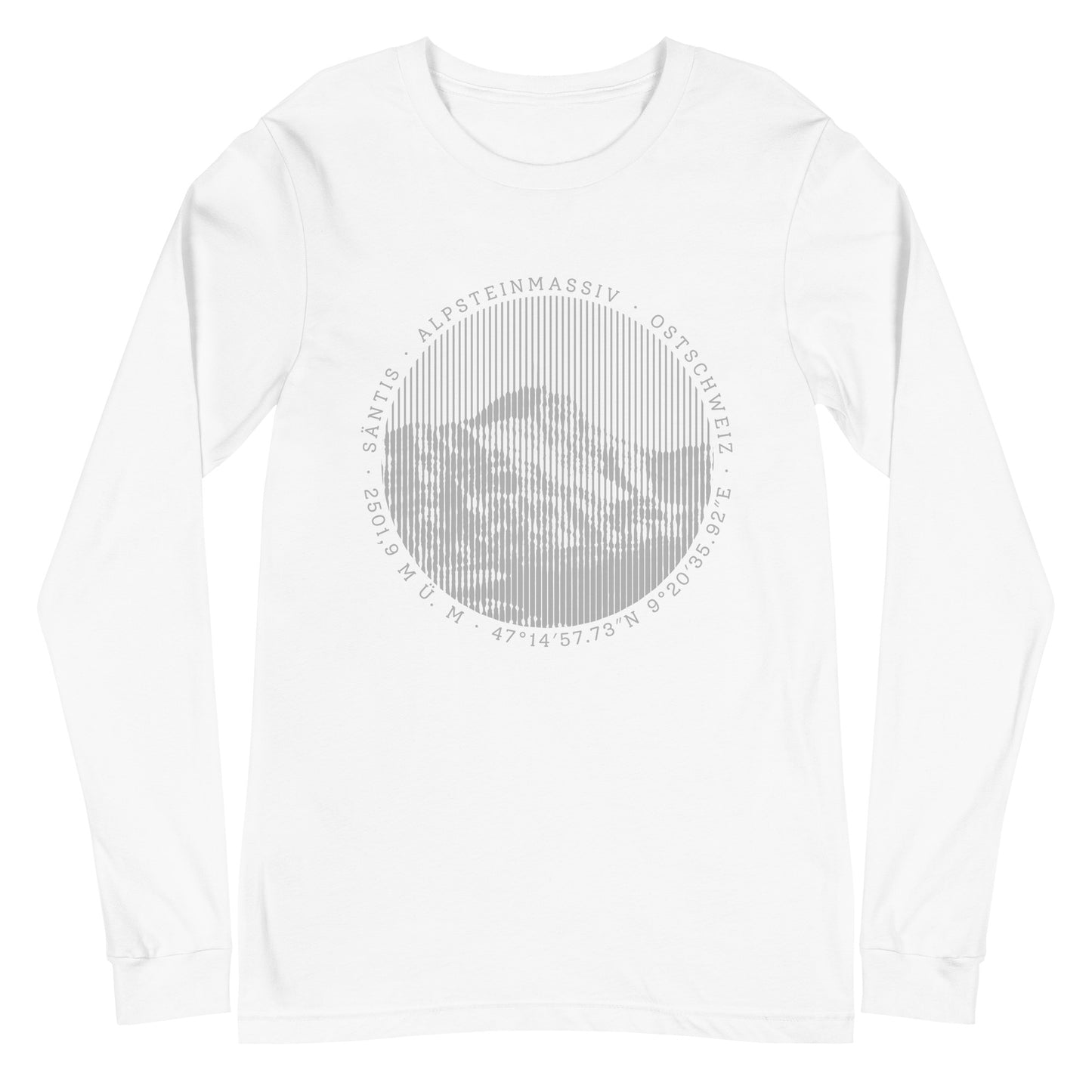 T-Shirt mit langen Ärmeln in der Farbe Weiss. Der Print zeigt den Säntis, einen legendären Berggipfel in den Appenzeller Alpen in der Ostschweiz.