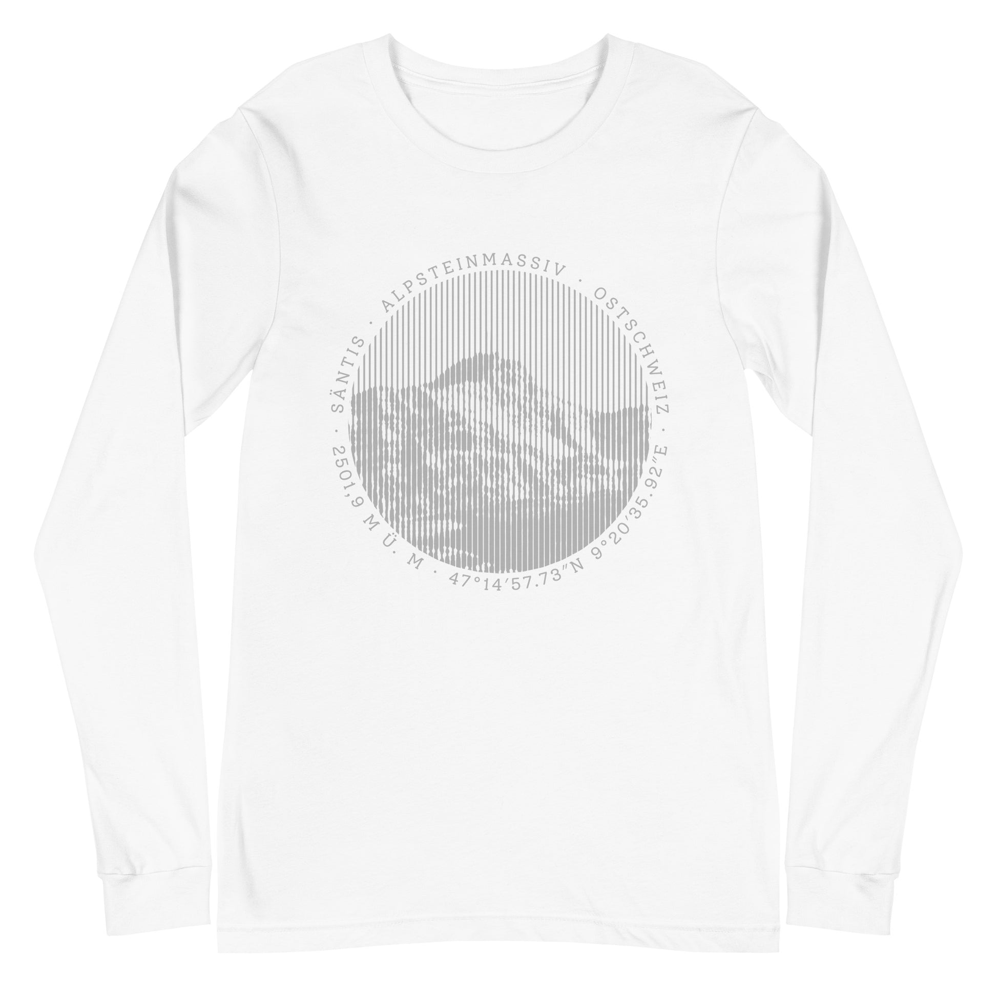 T-Shirt mit langen Ärmeln in der Farbe Weiss. Der Print zeigt den Säntis, einen legendären Berggipfel in den Appenzeller Alpen in der Ostschweiz.