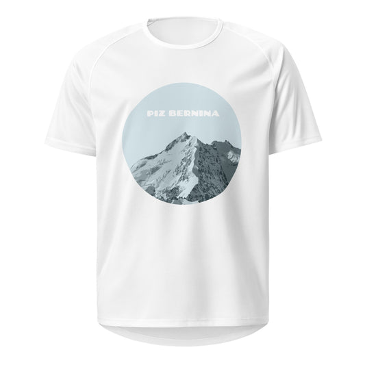 Weisses Damen-Sport-Shirt mit einem blauen Aufdruck des Gipfels des Piz Bernina