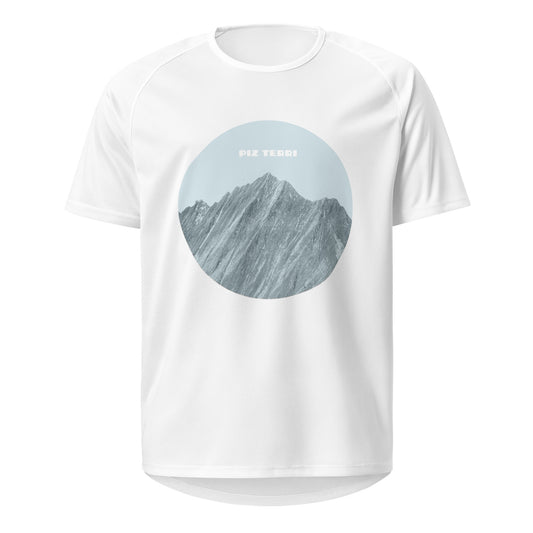 Weisses Sport-Shirt mit blauem Aufdruck  des Piz Terri, einem  Berg auf der Grenze der Kantone Graubünden und Tessin