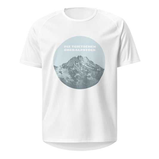 Weisses Sport-Shirt mit einem blauen Aufdruck des Gipfels des Piz Tgietschen, der auch als Oberalpstock bekannt ist.