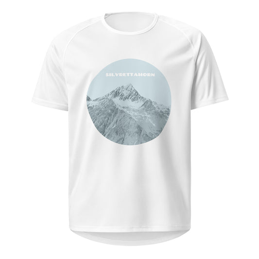 Weisses Sport-Shirt mit einem Blauen Aufdruck des Silvrettahorns
