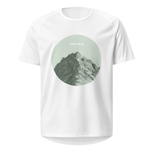 Weisses Sport-Shirt mit einem grünen Aufdruck des Piz Ela in Graubünden..
