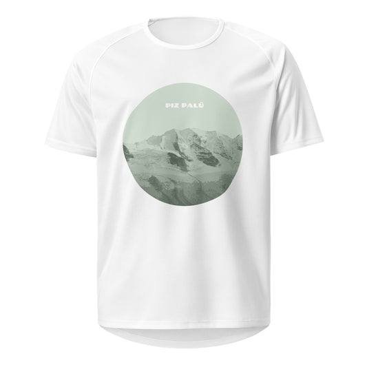 Weisses Sport-Shirt für Damen mit Aufdruck des Gipfels des Piz Palü in Graubünden.