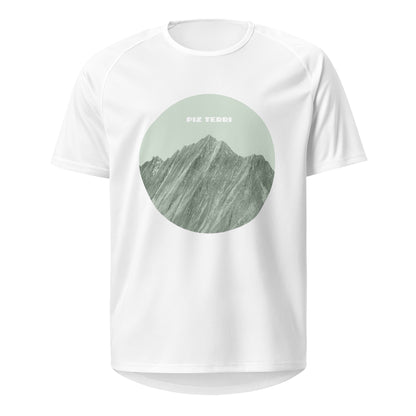 Weisses Damen-Sport-Shirt mit dem Gipfel des Piz Terri.