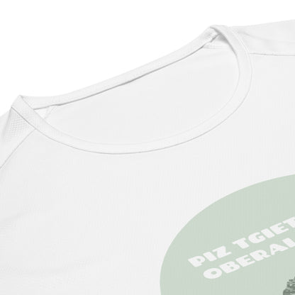 Kragenpartie eines weissen Sport-Shirts für Damen. Teilweise sichtbar ist der grüne Aufdruck mit dem Piz Tgietschen (Oberalpstock).